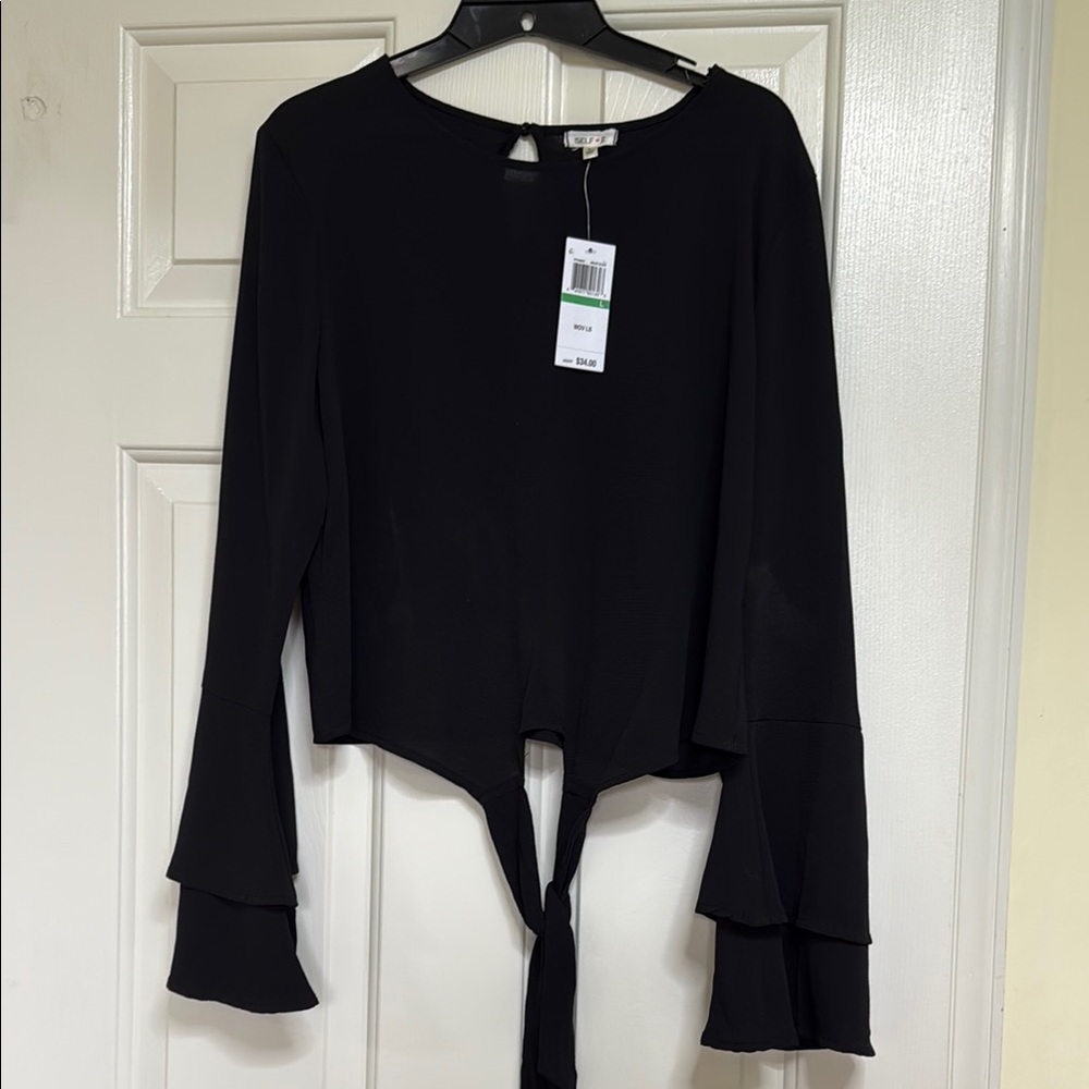 Self Esteem Black Asymmetrical Tie Front Blouse